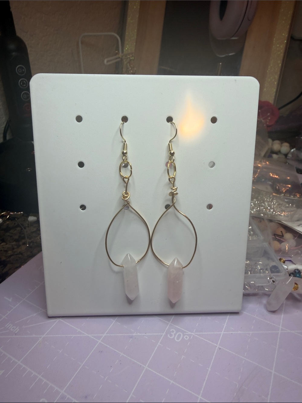 Gold Teardrop Earrings with Pink Crystal Points